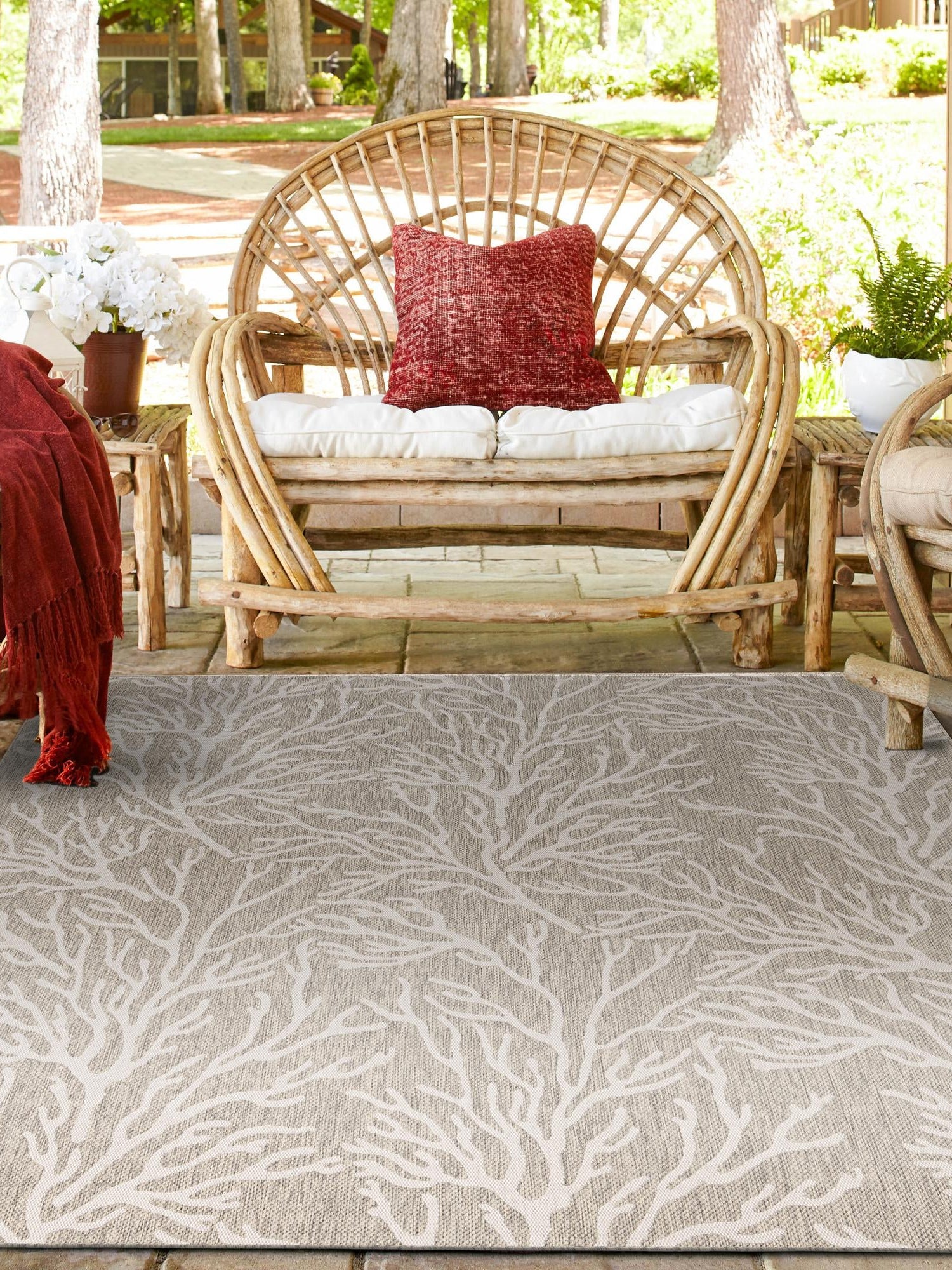 Gray 7' 10 x 7' 10 Outdoor Coastal Square Area Rug Weather Resistant for Patio, Deck, Terrace, Balcony, Porch 100% Polypropylene Coastal Decor Carpet for Sale at Rug Engine