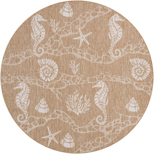 Taupe 10' x 10' Outdoor Coastal Round Area Rug Weather Resistant for Patio, Deck, Terrace, Balcony, Porch 100% Polypropylene Coastal Decor Carpet for Sale at Rug Engine