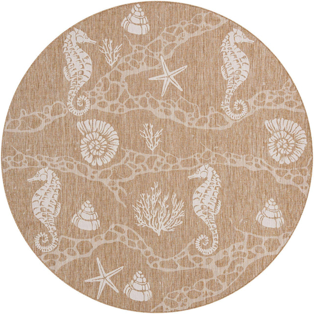 Taupe 10' x 10' Outdoor Coastal Round Area Rug Weather Resistant for Patio, Deck, Terrace, Balcony, Porch 100% Polypropylene Coastal Decor Carpet for Sale at Rug Engine