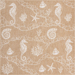 Taupe 10' x 10' Outdoor Coastal Square Area Rug Weather Resistant for Patio, Deck, Terrace, Balcony, Porch 100% Polypropylene Coastal Decor Carpet for Sale at Rug Engine