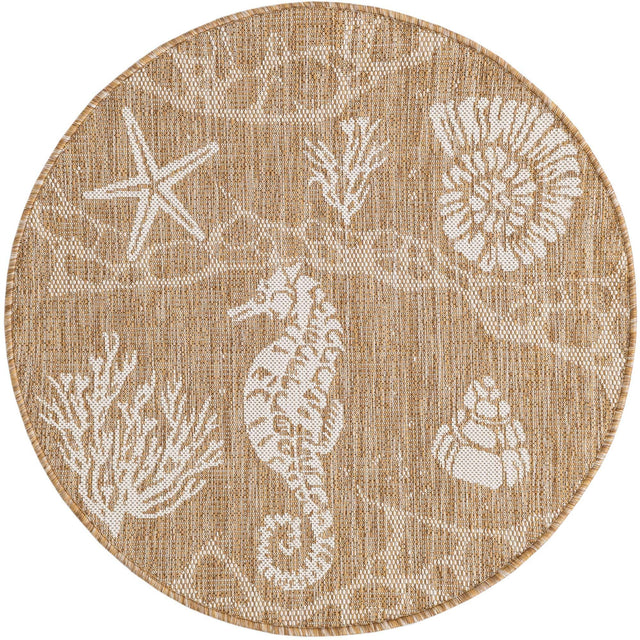 Taupe 3' 1 x 3' 1 Outdoor Coastal Round Area Rug Weather Resistant for Patio, Deck, Terrace, Balcony, Porch 100% Polypropylene Coastal Decor Carpet for Sale at Rug Engine