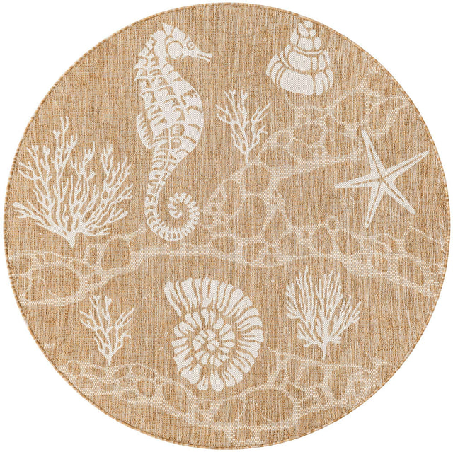 Taupe 5' 3 x 5' 3 Outdoor Coastal Round Area Rug Weather Resistant for Patio, Deck, Terrace, Balcony, Porch 100% Polypropylene Coastal Decor Carpet for Sale at Rug Engine