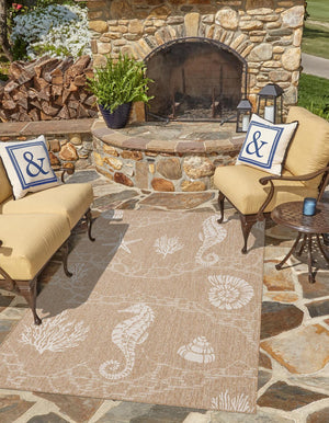 Taupe 5' 3 x 8' Outdoor Coastal Rectangle Area Rug Weather Resistant for Patio, Deck, Terrace, Balcony, Porch 100% Polypropylene Coastal Decor Carpet for Sale at Rug Engine