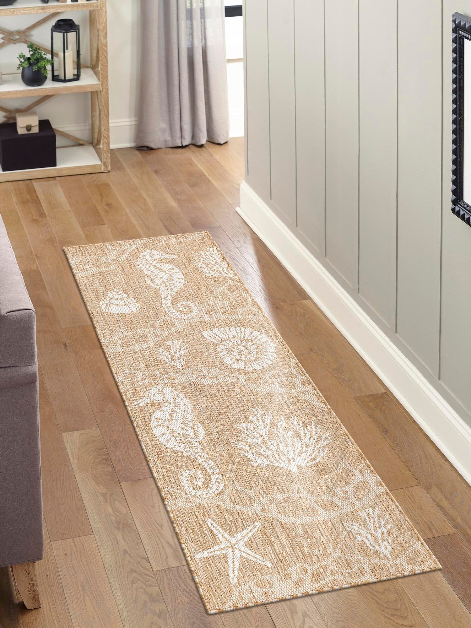 Taupe 2' x 8' Outdoor Coastal Runner Area Rug Weather Resistant for Patio, Deck, Terrace, Balcony, Porch 100% Polypropylene Coastal Decor Carpet for Sale at Rug Engine