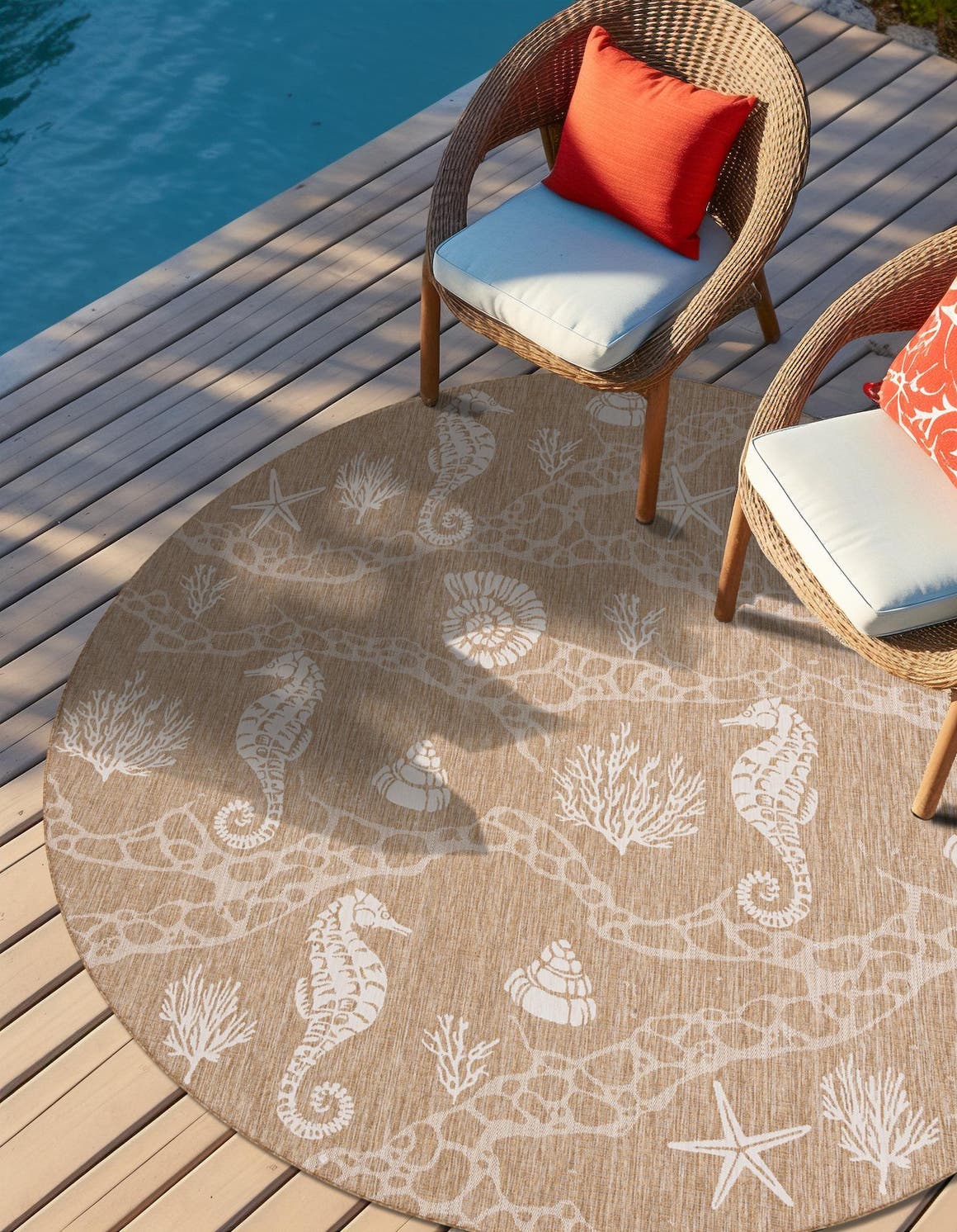 Taupe 5' 3 x 5' 3 Outdoor Coastal Round Area Rug Weather Resistant for Patio, Deck, Terrace, Balcony, Porch 100% Polypropylene Coastal Decor Carpet for Sale at Rug Engine