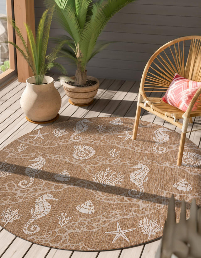 Taupe 12' x 12' Outdoor Coastal Round Area Rug Weather Resistant for Patio, Deck, Terrace, Balcony, Porch 100% Polypropylene Coastal Decor Carpet for Sale at Rug Engine