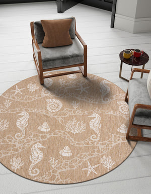 Taupe 3' 1 x 3' 1 Outdoor Coastal Round Area Rug Weather Resistant for Patio, Deck, Terrace, Balcony, Porch 100% Polypropylene Coastal Decor Carpet for Sale at Rug Engine