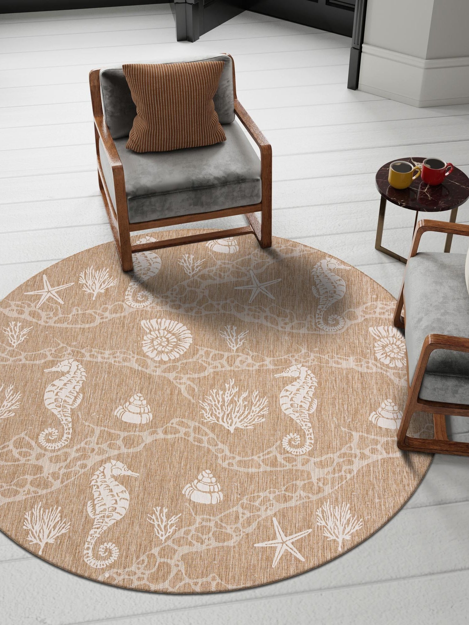 Taupe 10' x 10' Outdoor Coastal Round Area Rug Weather Resistant for Patio, Deck, Terrace, Balcony, Porch 100% Polypropylene Coastal Decor Carpet for Sale at Rug Engine