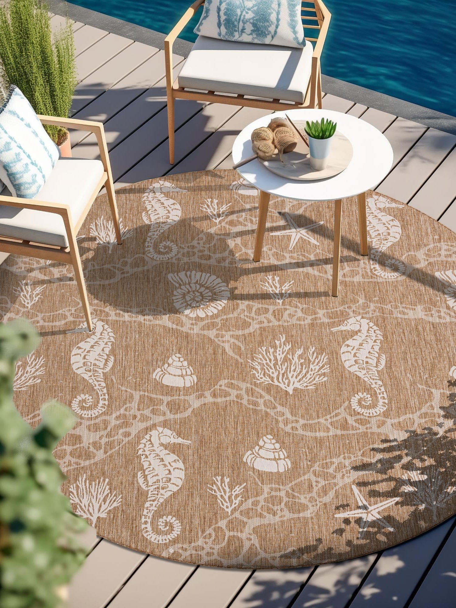 Taupe 5' 3 x 5' 3 Outdoor Coastal Round Area Rug Weather Resistant for Patio, Deck, Terrace, Balcony, Porch 100% Polypropylene Coastal Decor Carpet for Sale at Rug Engine