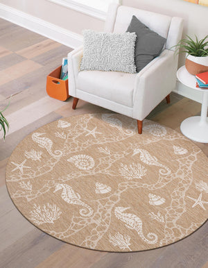 Taupe 5' 3 x 5' 3 Outdoor Coastal Round Area Rug Weather Resistant for Patio, Deck, Terrace, Balcony, Porch 100% Polypropylene Coastal Decor Carpet for Sale at Rug Engine