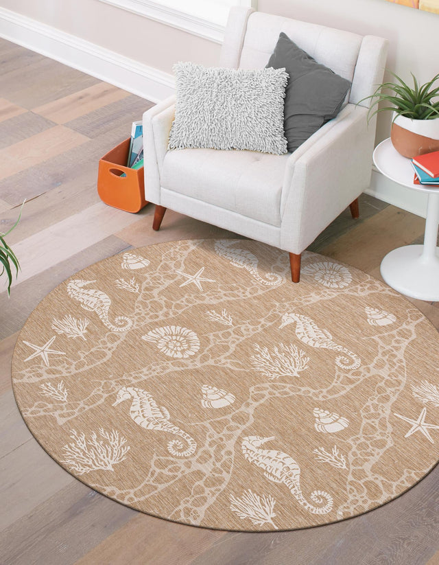 Taupe 10' x 10' Outdoor Coastal Round Area Rug Weather Resistant for Patio, Deck, Terrace, Balcony, Porch 100% Polypropylene Coastal Decor Carpet for Sale at Rug Engine