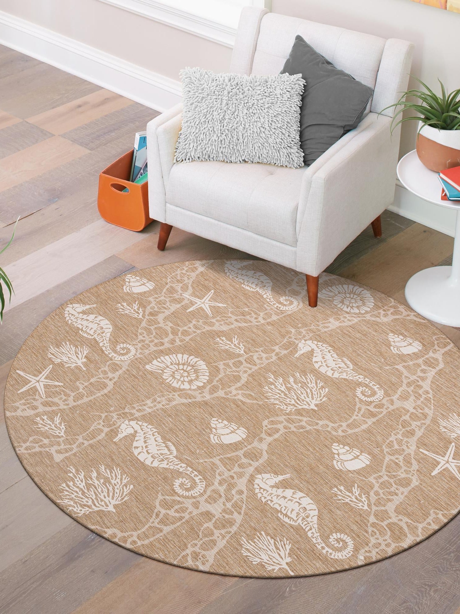 Taupe 12' x 12' Outdoor Coastal Round Area Rug Weather Resistant for Patio, Deck, Terrace, Balcony, Porch 100% Polypropylene Coastal Decor Carpet for Sale at Rug Engine