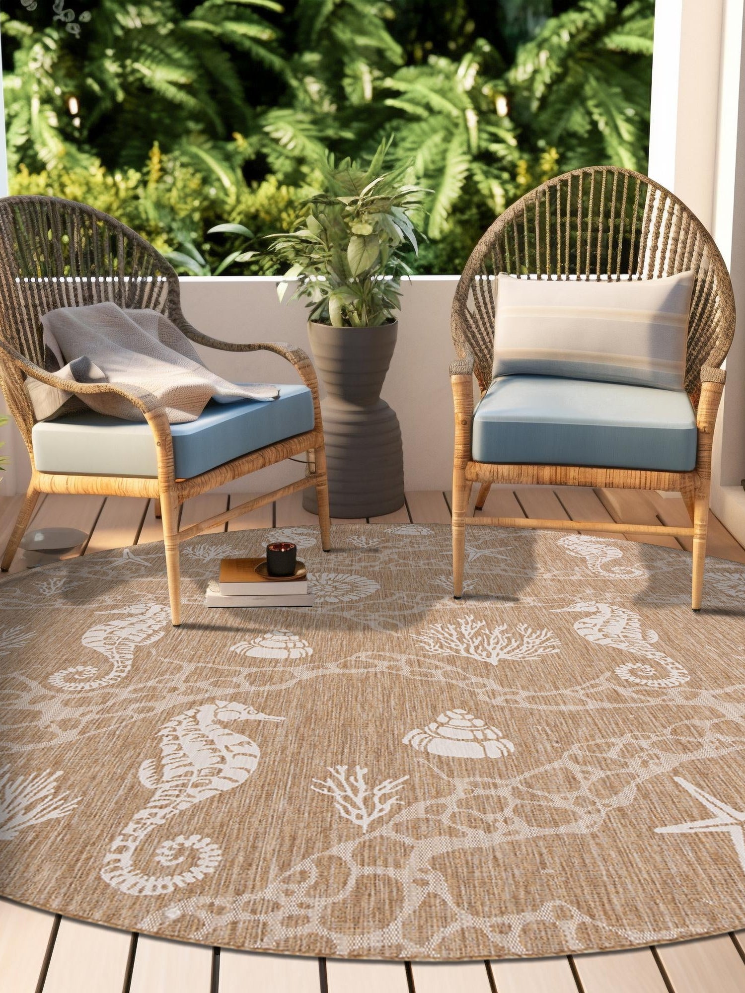 Taupe 3' 1 x 3' 1 Outdoor Coastal Round Area Rug Weather Resistant for Patio, Deck, Terrace, Balcony, Porch 100% Polypropylene Coastal Decor Carpet for Sale at Rug Engine