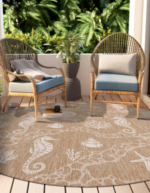Taupe 5' 3 x 5' 3 Outdoor Coastal Round Area Rug Weather Resistant for Patio, Deck, Terrace, Balcony, Porch 100% Polypropylene Coastal Decor Carpet for Sale at Rug Engine
