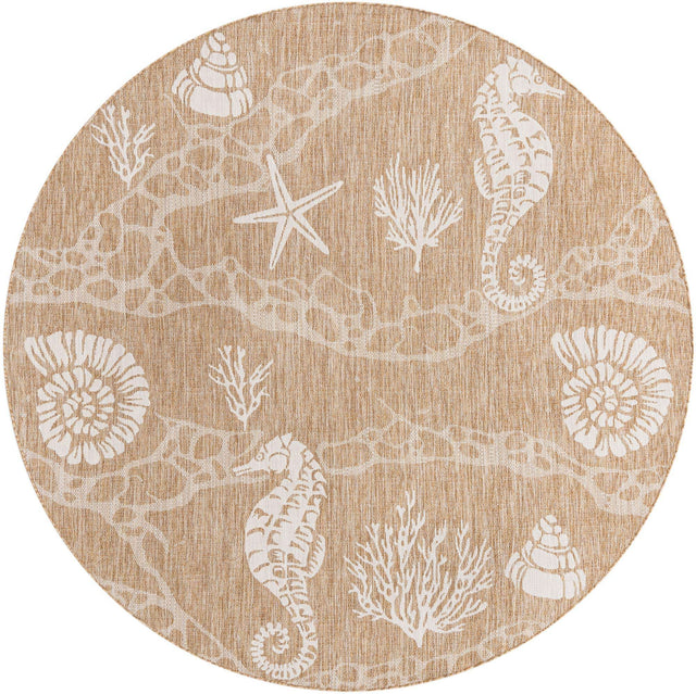 Taupe 7' 10 x 7' 10 Outdoor Coastal Round Area Rug Weather Resistant for Patio, Deck, Terrace, Balcony, Porch 100% Polypropylene Coastal Decor Carpet for Sale at Rug Engine