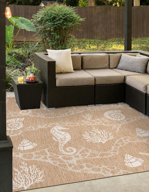 Taupe 12' x 12' Outdoor Coastal Square Area Rug Weather Resistant for Patio, Deck, Terrace, Balcony, Porch 100% Polypropylene Coastal Decor Carpet for Sale at Rug Engine