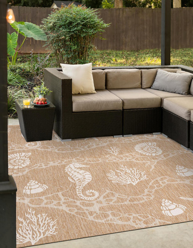 Taupe 12' x 12' Outdoor Coastal Square Area Rug Weather Resistant for Patio, Deck, Terrace, Balcony, Porch 100% Polypropylene Coastal Decor Carpet for Sale at Rug Engine