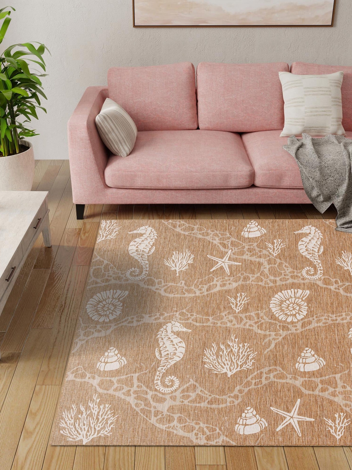 Taupe 12' x 12' Outdoor Coastal Square Area Rug Weather Resistant for Patio, Deck, Terrace, Balcony, Porch 100% Polypropylene Coastal Decor Carpet for Sale at Rug Engine
