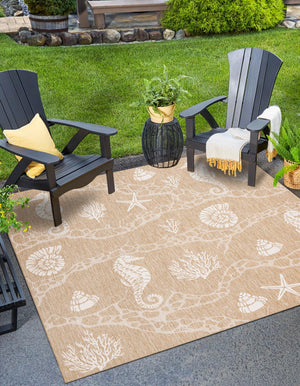 Taupe 7' 10 x 7' 10 Outdoor Coastal Square Area Rug Weather Resistant for Patio, Deck, Terrace, Balcony, Porch 100% Polypropylene Coastal Decor Carpet for Sale at Rug Engine