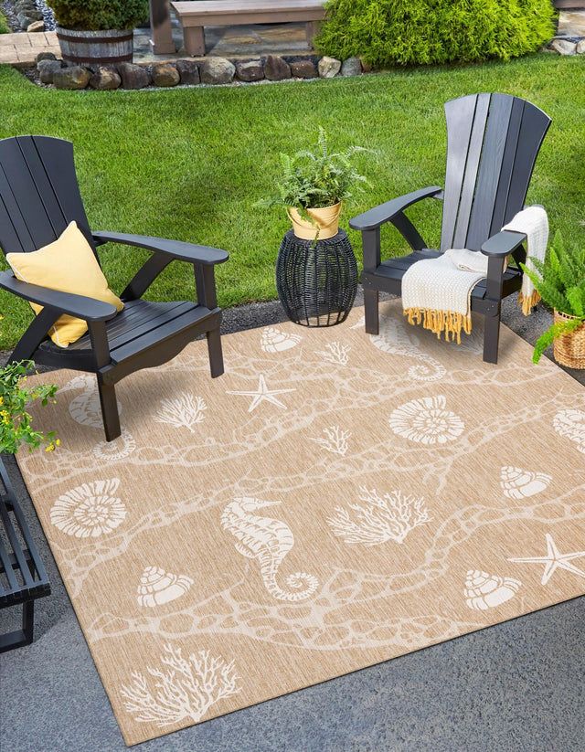 Taupe 7' 10 x 7' 10 Outdoor Coastal Square Area Rug Weather Resistant for Patio, Deck, Terrace, Balcony, Porch 100% Polypropylene Coastal Decor Carpet for Sale at Rug Engine