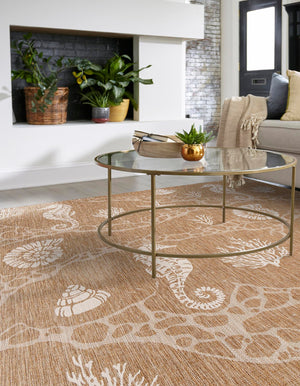 Taupe 7' 10 x 7' 10 Outdoor Coastal Square Area Rug Weather Resistant for Patio, Deck, Terrace, Balcony, Porch 100% Polypropylene Coastal Decor Carpet for Sale at Rug Engine