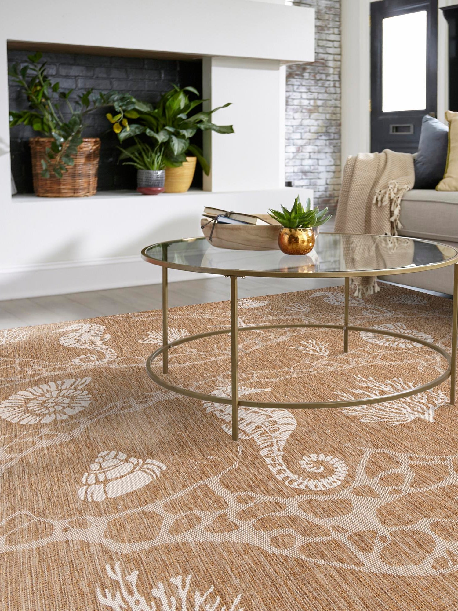 Taupe 12' x 12' Outdoor Coastal Square Area Rug Weather Resistant for Patio, Deck, Terrace, Balcony, Porch 100% Polypropylene Coastal Decor Carpet for Sale at Rug Engine