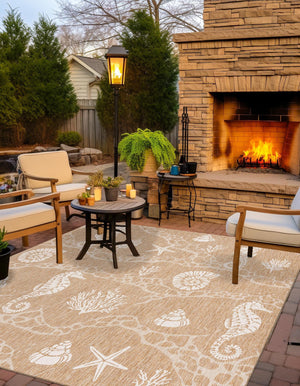 Taupe 7' 10 x 7' 10 Outdoor Coastal Square Area Rug Weather Resistant for Patio, Deck, Terrace, Balcony, Porch 100% Polypropylene Coastal Decor Carpet for Sale at Rug Engine