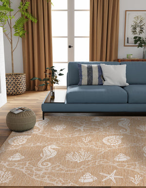 Taupe 10' x 10' Outdoor Coastal Square Area Rug Weather Resistant for Patio, Deck, Terrace, Balcony, Porch 100% Polypropylene Coastal Decor Carpet for Sale at Rug Engine