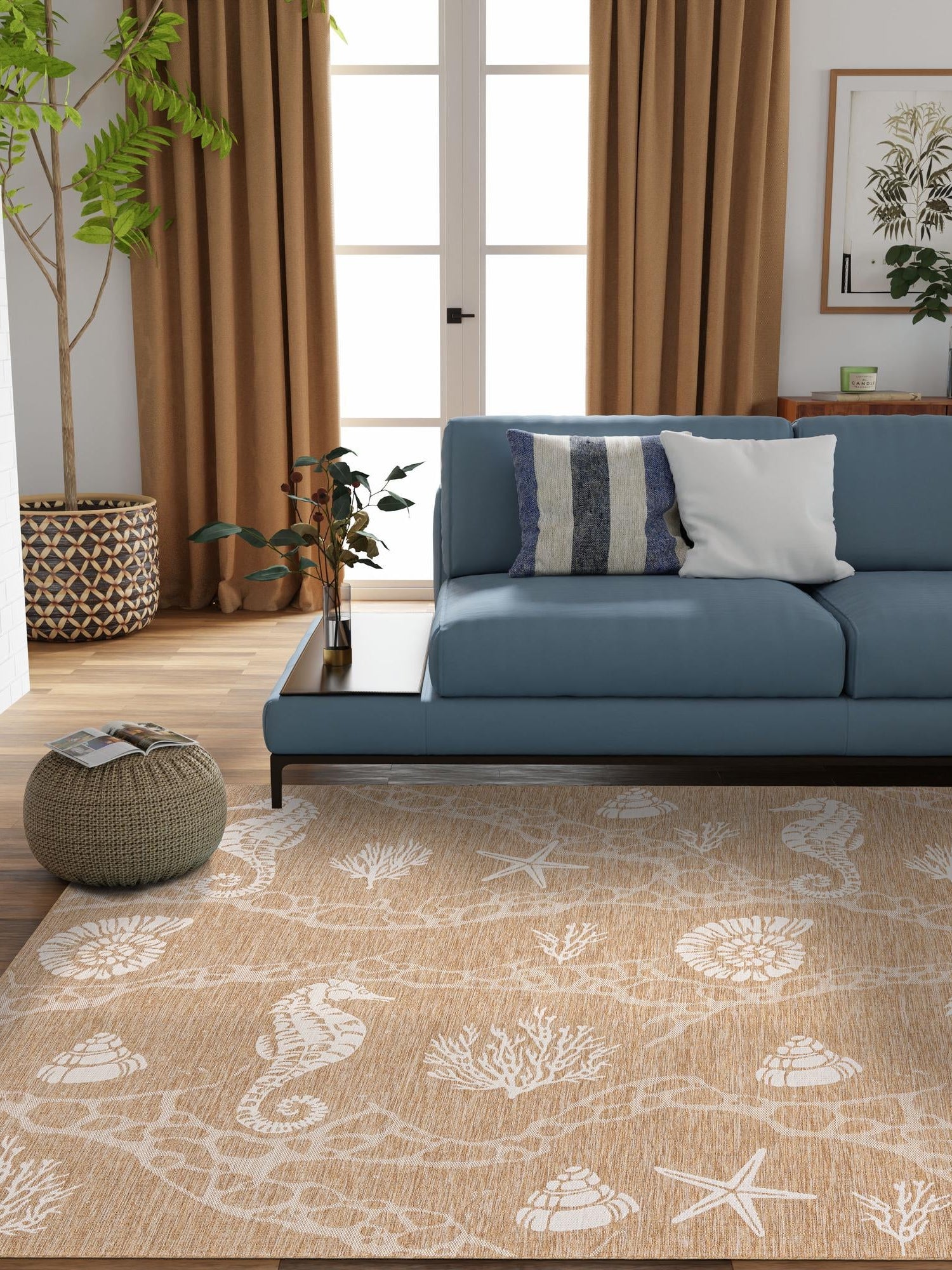 Taupe 7' 10 x 7' 10 Outdoor Coastal Square Area Rug Weather Resistant for Patio, Deck, Terrace, Balcony, Porch 100% Polypropylene Coastal Decor Carpet for Sale at Rug Engine