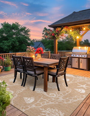 Taupe 10' x 10' Outdoor Coastal Square Area Rug Weather Resistant for Patio, Deck, Terrace, Balcony, Porch 100% Polypropylene Coastal Decor Carpet for Sale at Rug Engine