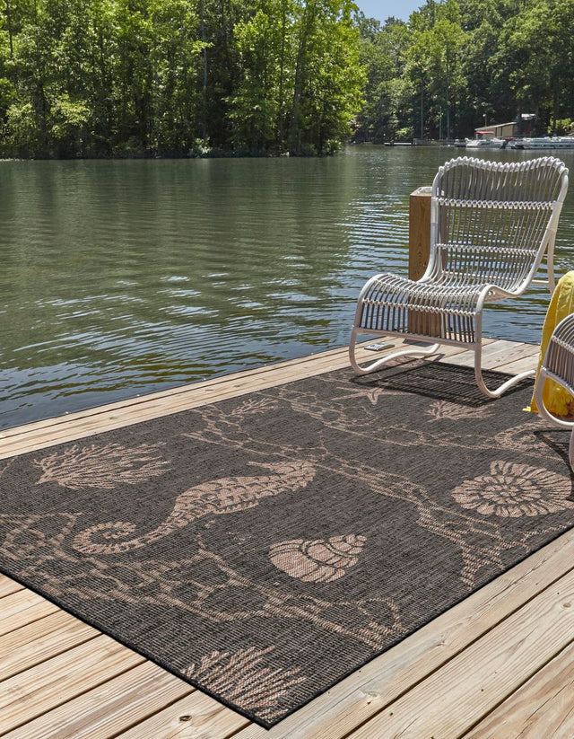 Black 5' 3 x 8' Outdoor Coastal Rectangle Area Rug Weather Resistant for Patio, Deck, Terrace, Balcony, Porch 100% Polypropylene Coastal Decor Carpet for Sale at Rug Engine