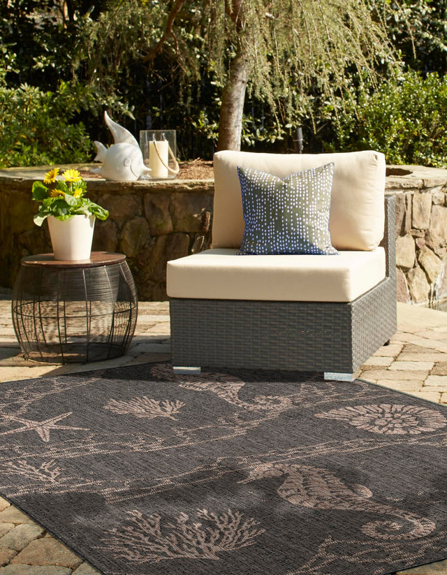 Black 10' x 14' 1 Outdoor Coastal Rectangle Area Rug Weather Resistant for Patio, Deck, Terrace, Balcony, Porch 100% Polypropylene Coastal Decor Carpet for Sale at Rug Engine