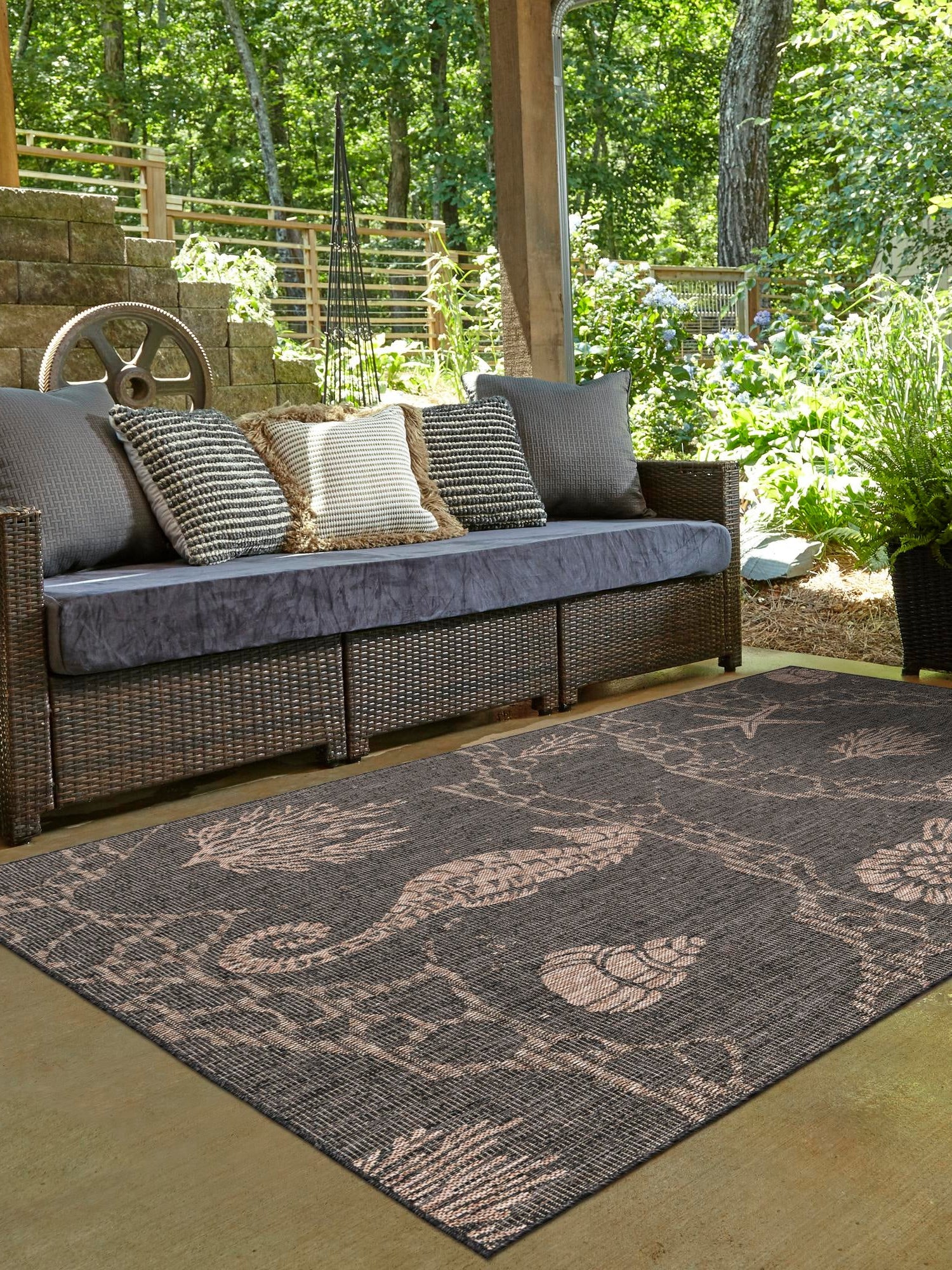 Black 5' 3 x 8' Outdoor Coastal Rectangle Area Rug Weather Resistant for Patio, Deck, Terrace, Balcony, Porch 100% Polypropylene Coastal Decor Carpet for Sale at Rug Engine