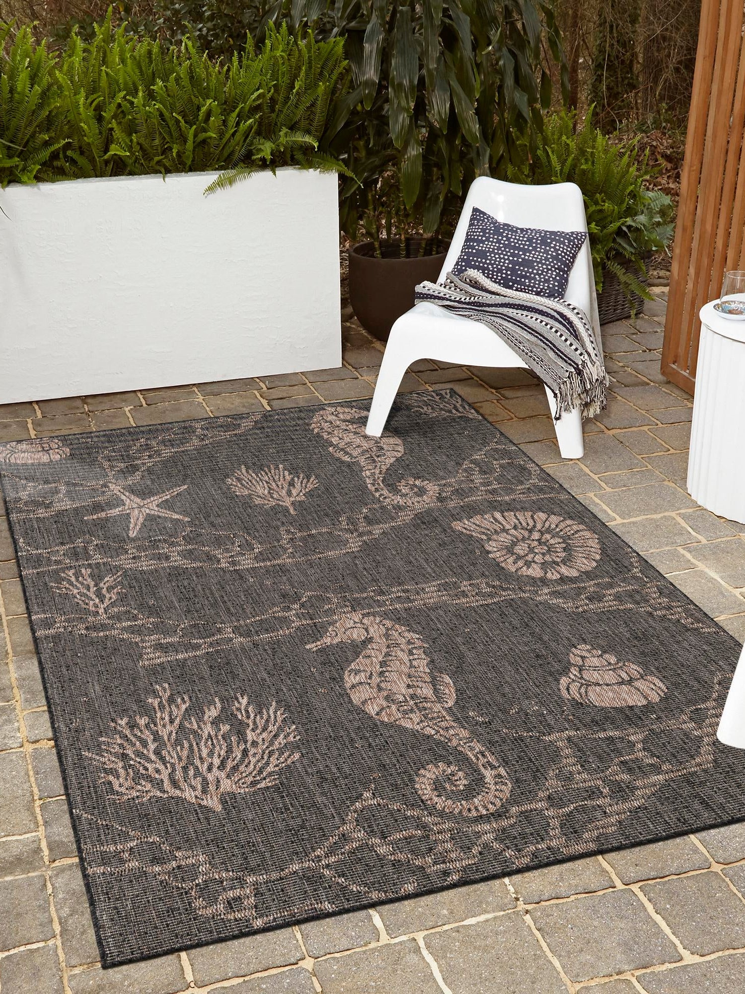 Black 5' 3 x 7' 1 Outdoor Coastal Rectangle Area Rug Weather Resistant for Patio, Deck, Terrace, Balcony, Porch 100% Polypropylene Coastal Decor Carpet for Sale at Rug Engine