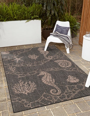 Black 5' 3 x 7' 1 Outdoor Coastal Rectangle Area Rug Weather Resistant for Patio, Deck, Terrace, Balcony, Porch 100% Polypropylene Coastal Decor Carpet for Sale at Rug Engine