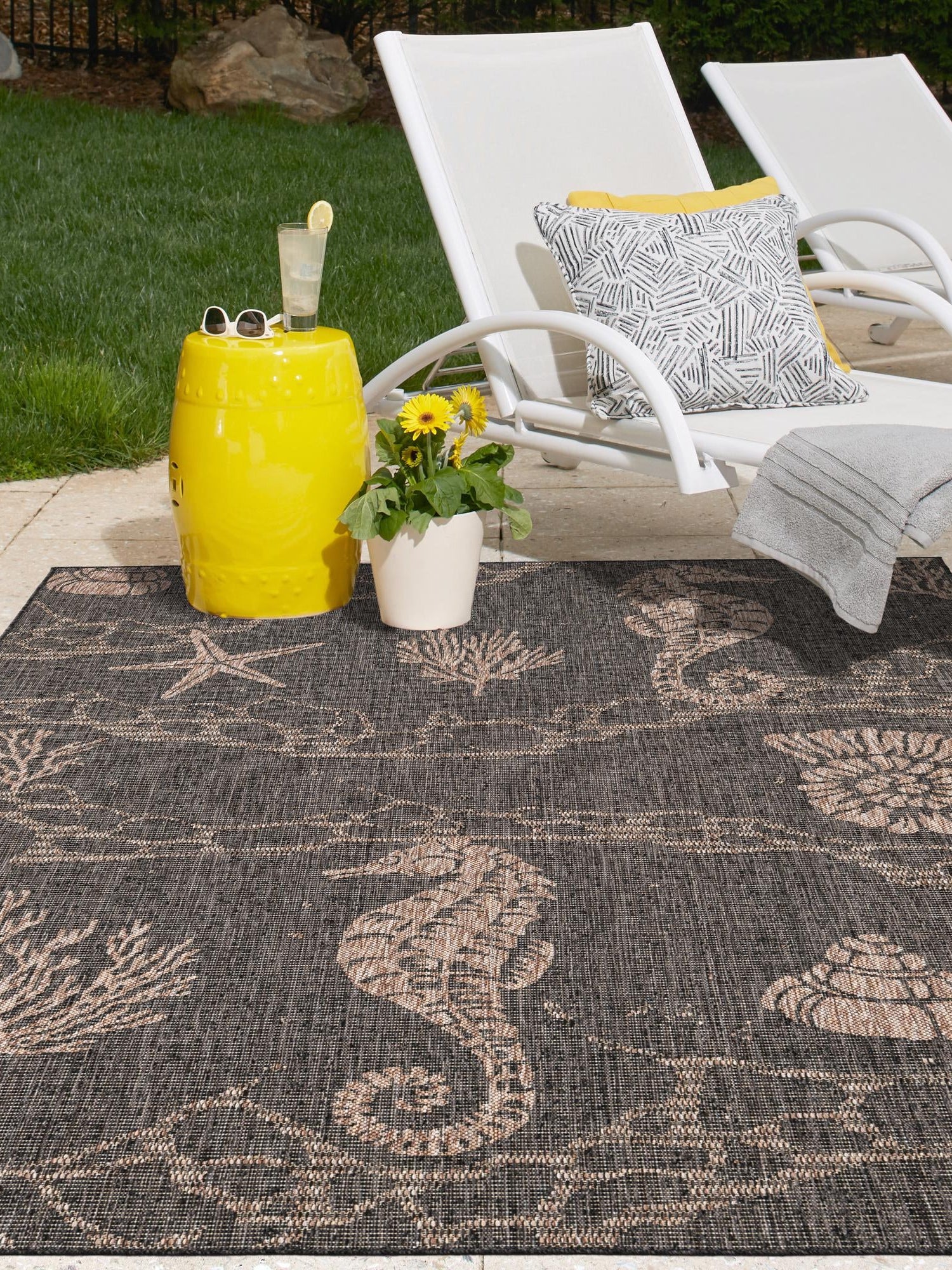 Black 2' x 3' 1 Outdoor Coastal Rectangle Area Rug Weather Resistant for Patio, Deck, Terrace, Balcony, Porch 100% Polypropylene Coastal Decor Carpet for Sale at Rug Engine