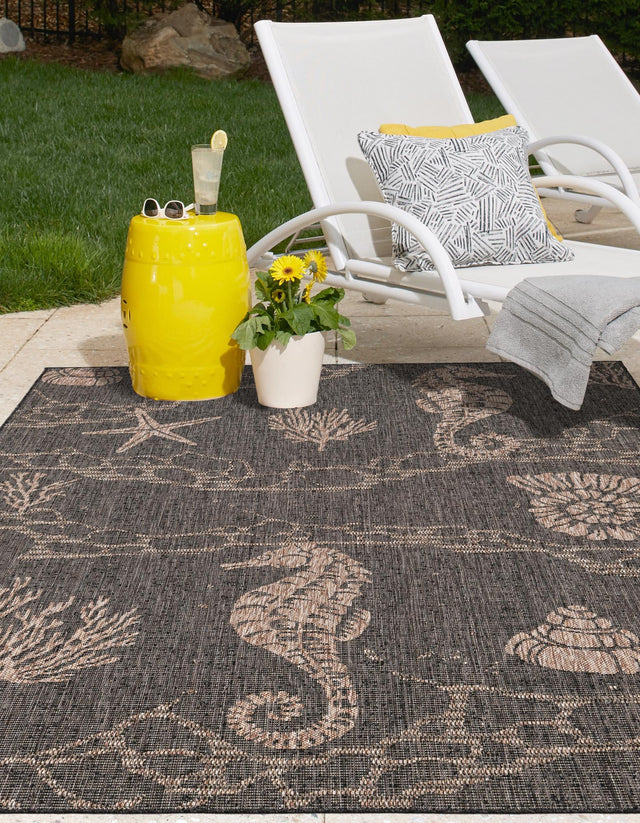 Black 5' 3 x 7' 1 Outdoor Coastal Rectangle Area Rug Weather Resistant for Patio, Deck, Terrace, Balcony, Porch 100% Polypropylene Coastal Decor Carpet for Sale at Rug Engine