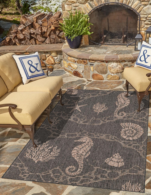 Black 10' x 14' 1 Outdoor Coastal Rectangle Area Rug Weather Resistant for Patio, Deck, Terrace, Balcony, Porch 100% Polypropylene Coastal Decor Carpet for Sale at Rug Engine