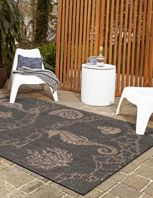 Black 5' 3 x 7' 1 Outdoor Coastal Rectangle Area Rug Weather Resistant for Patio, Deck, Terrace, Balcony, Porch 100% Polypropylene Coastal Decor Carpet for Sale at Rug Engine