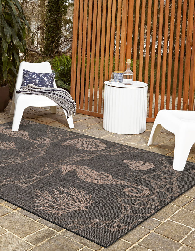 Black 5' 3 x 7' 1 Outdoor Coastal Rectangle Area Rug Weather Resistant for Patio, Deck, Terrace, Balcony, Porch 100% Polypropylene Coastal Decor Carpet for Sale at Rug Engine