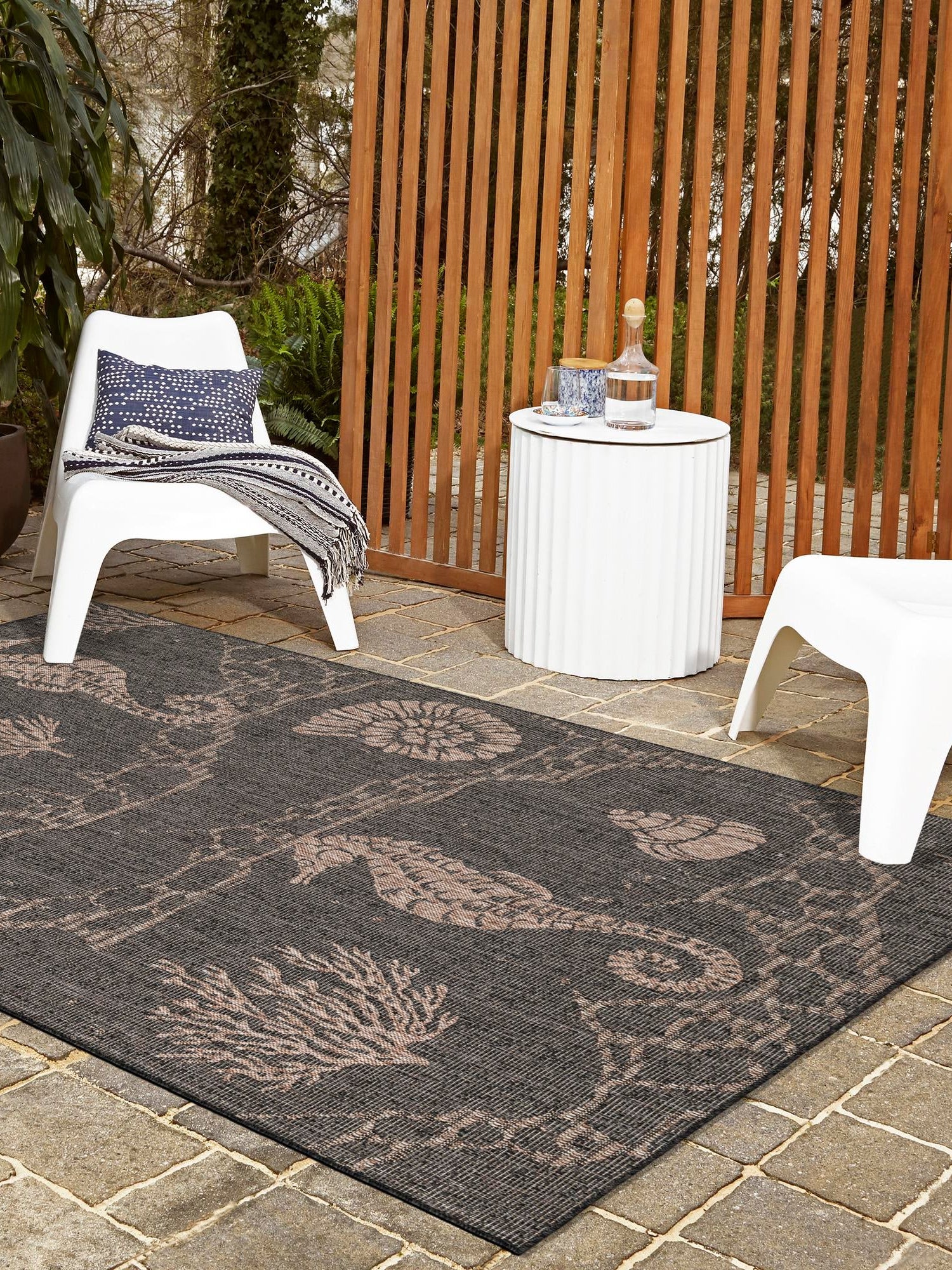 Black 10' x 14' 1 Outdoor Coastal Rectangle Area Rug Weather Resistant for Patio, Deck, Terrace, Balcony, Porch 100% Polypropylene Coastal Decor Carpet for Sale at Rug Engine