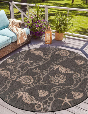 Black 10' x 10' Outdoor Coastal Round Area Rug Weather Resistant for Patio, Deck, Terrace, Balcony, Porch 100% Polypropylene Coastal Decor Carpet for Sale at Rug Engine
