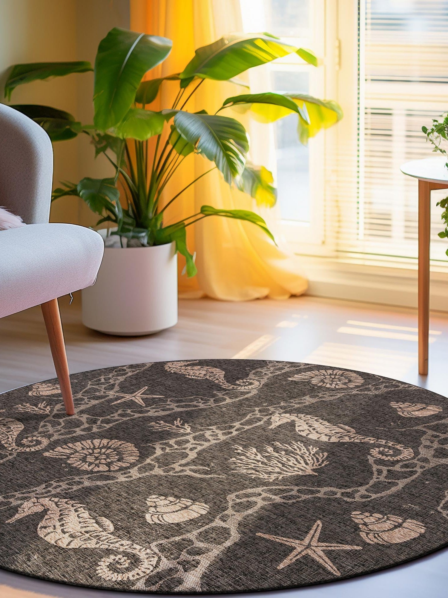 Black 7' 10 x 7' 10 Outdoor Coastal Round Area Rug Weather Resistant for Patio, Deck, Terrace, Balcony, Porch 100% Polypropylene Coastal Decor Carpet for Sale at Rug Engine