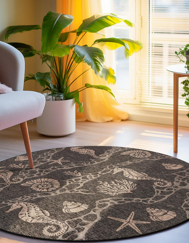 Black 10' x 10' Outdoor Coastal Round Area Rug Weather Resistant for Patio, Deck, Terrace, Balcony, Porch 100% Polypropylene Coastal Decor Carpet for Sale at Rug Engine