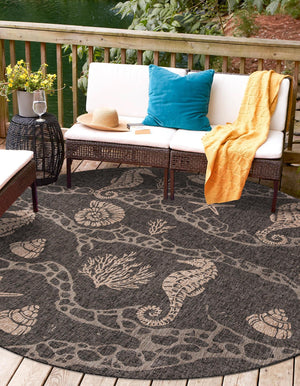 Black 7' 10 x 7' 10 Outdoor Coastal Round Area Rug Weather Resistant for Patio, Deck, Terrace, Balcony, Porch 100% Polypropylene Coastal Decor Carpet for Sale at Rug Engine