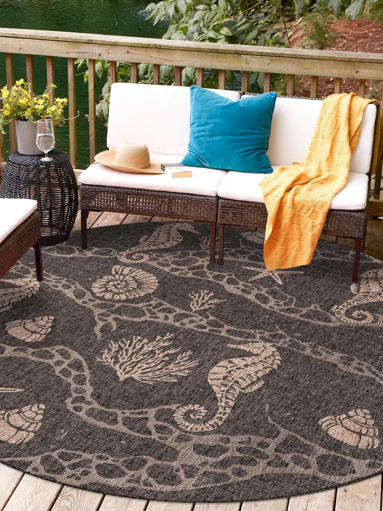 Black 5' 3 x 5' 3 Outdoor Coastal Round Area Rug Weather Resistant for Patio, Deck, Terrace, Balcony, Porch 100% Polypropylene Coastal Decor Carpet for Sale at Rug Engine