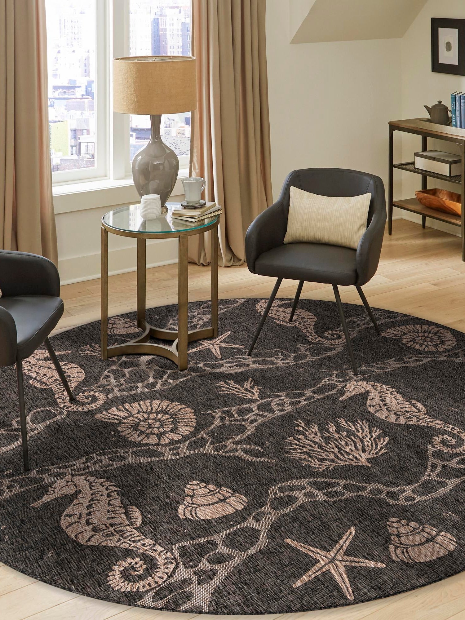 Black 7' 10 x 7' 10 Outdoor Coastal Round Area Rug Weather Resistant for Patio, Deck, Terrace, Balcony, Porch 100% Polypropylene Coastal Decor Carpet for Sale at Rug Engine