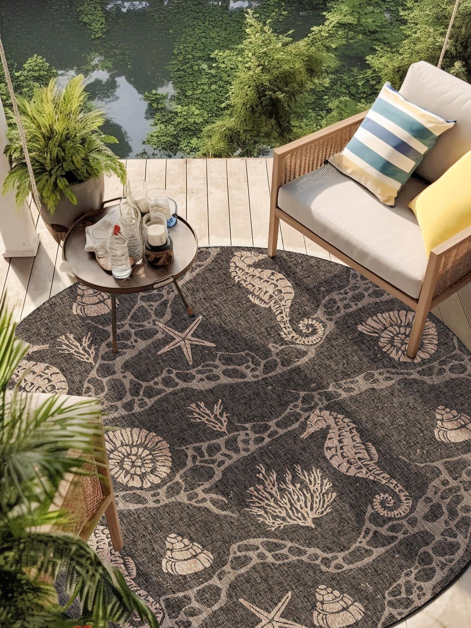 Black 7' 10 x 7' 10 Outdoor Coastal Round Area Rug Weather Resistant for Patio, Deck, Terrace, Balcony, Porch 100% Polypropylene Coastal Decor Carpet for Sale at Rug Engine