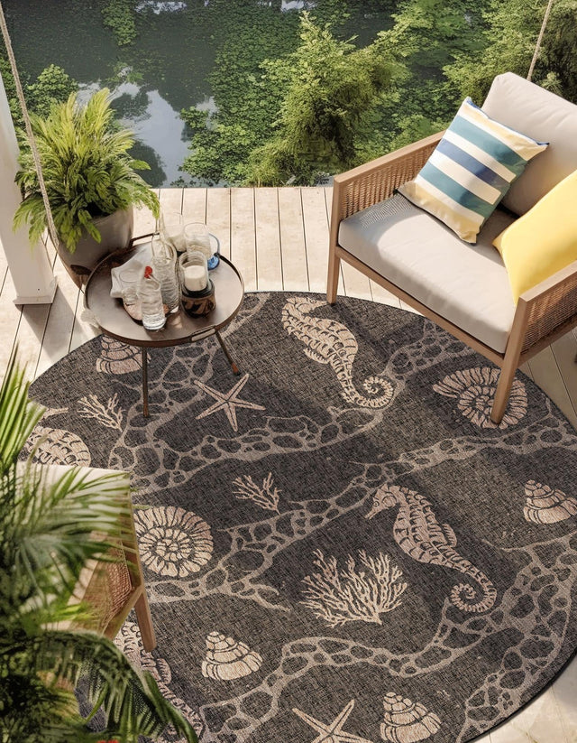 Black 7' 10 x 7' 10 Outdoor Coastal Round Area Rug Weather Resistant for Patio, Deck, Terrace, Balcony, Porch 100% Polypropylene Coastal Decor Carpet for Sale at Rug Engine