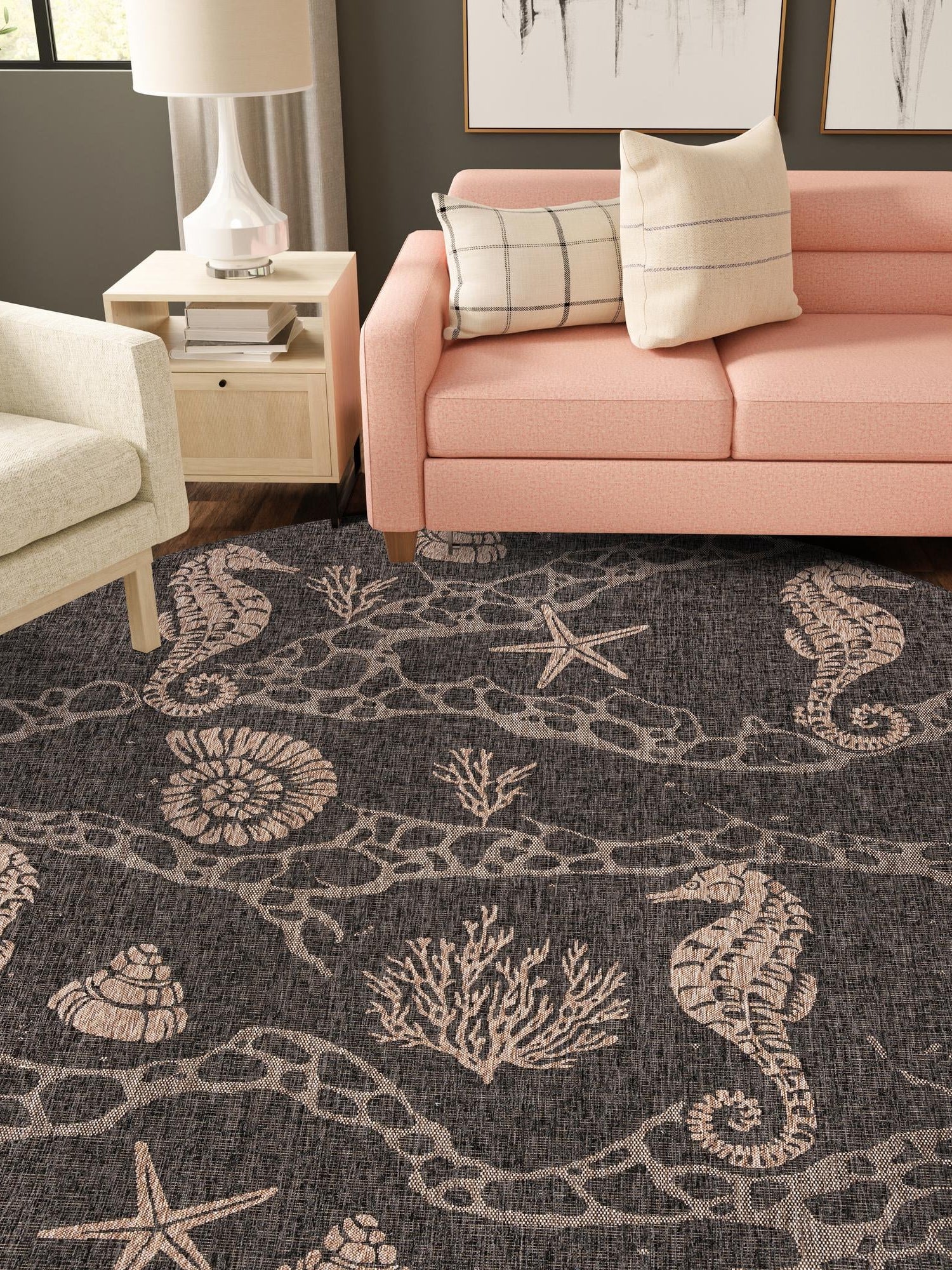 Black 10' x 10' Outdoor Coastal Round Area Rug Weather Resistant for Patio, Deck, Terrace, Balcony, Porch 100% Polypropylene Coastal Decor Carpet for Sale at Rug Engine